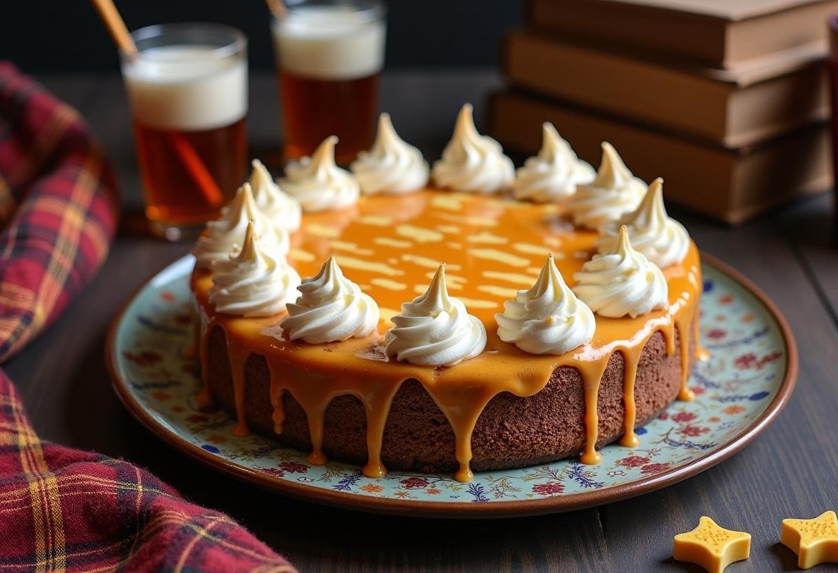Delicious Harry Potter White Chocolate Butterbeer Cheesecake ready to be served, showcasing the enchanting flavors inspired by the wizarding world.