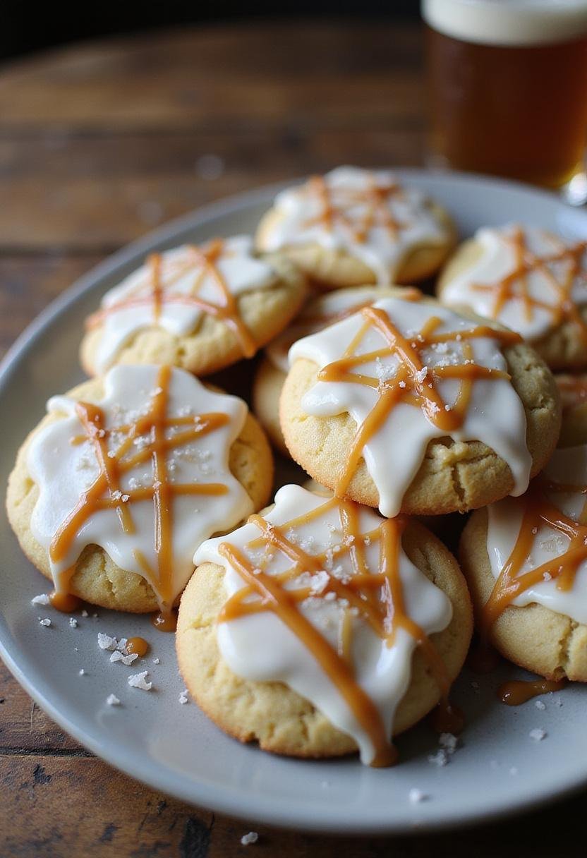 Final presentation of Hogsmeade Butterbeer Cookies with white buttercream icing and salted caramel, beautifully displayed on a rustic wooden table.
