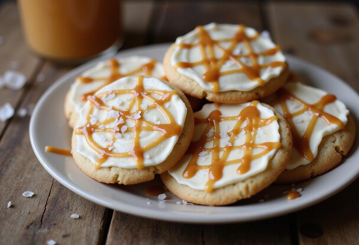 Final presentation of Hogsmeade Butterbeer Cookies with white buttercream icing and salted caramel, beautifully displayed on a rustic wooden table.