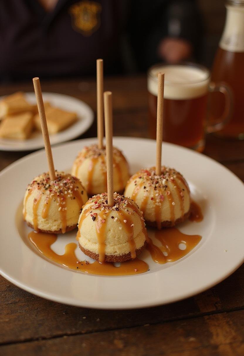 Delicious finished Hogwarts Spiced Butterbeer Cheesecake Pops displayed elegantly, perfect for a magical treat.