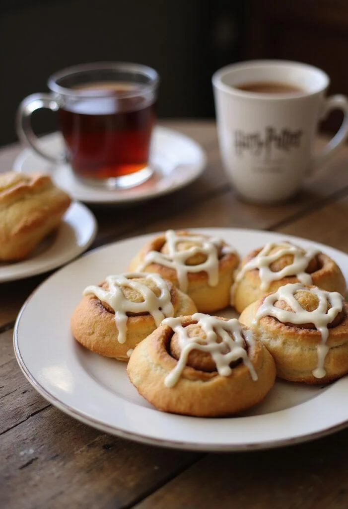 Delicious plate of Hufflepuffs Cozy Vanilla Rolls with Frosting, beautifully drizzled, set against a rustic background for a warm inviting meal.