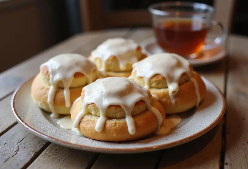 Delicious plate of Hufflepuffs Cozy Vanilla Rolls with Frosting, beautifully drizzled, set against a rustic background for a warm inviting meal.