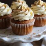 Beautifully decorated Knight Bus Maple Butterbeer Cupcakes on a cake stand, showcasing the delicious maple buttercream frosting and golden finish.