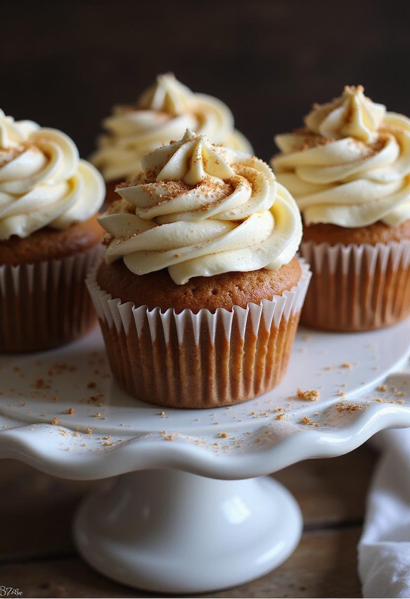 Beautifully decorated Knight Bus Maple Butterbeer Cupcakes on a cake stand, showcasing the delicious maple buttercream frosting and golden finish.
