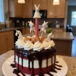 Stunning final presentation of Magical Harry Potter's Happee Birthdae Velvet Cake with Ganache Drizzle, a delightful birthday treat.