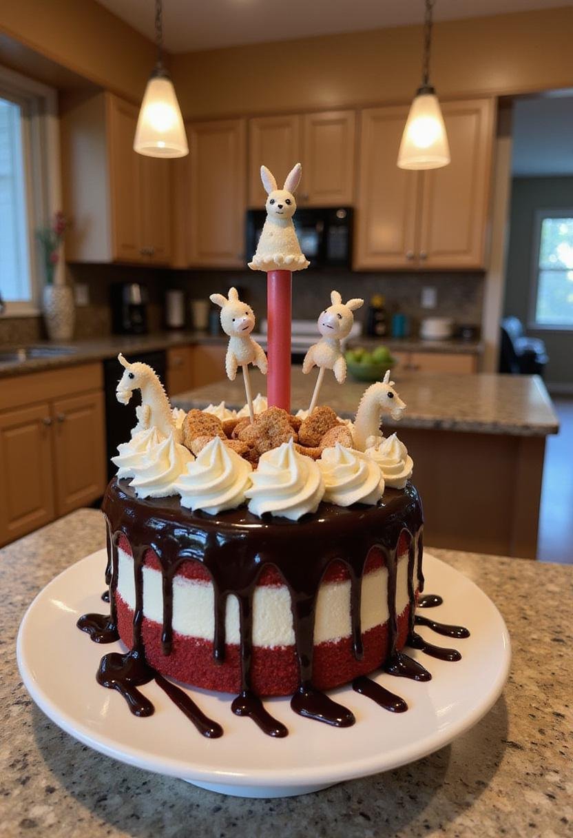 Stunning final presentation of Magical Harry Potter's Happee Birthdae Velvet Cake with Ganache Drizzle, a delightful birthday treat.