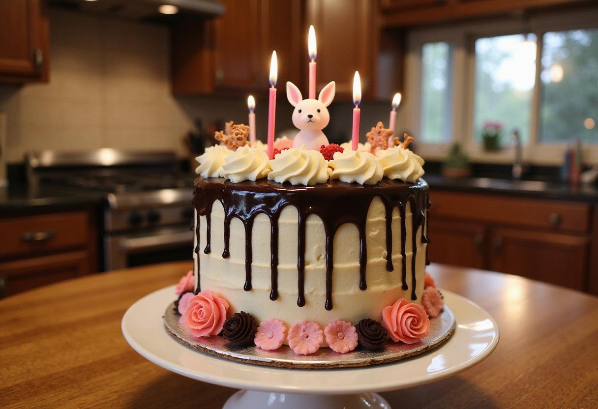 Stunning final presentation of Magical Harry Potter's Happee Birthdae Velvet Cake with Ganache Drizzle, a delightful birthday treat.