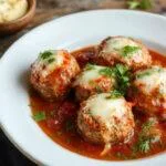 Golden-brown mozzarella-stuffed meatballs, melted cheese oozing from the center, served on a rustic plate with vibrant marinara sauce draped over the meatballs, garnished with fresh basil leaves, and accompanied by toasted bread slices in the background.