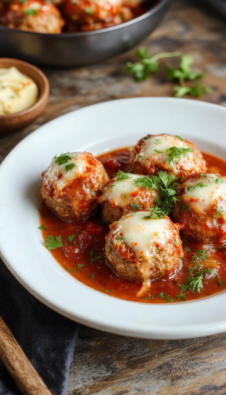 Golden-brown mozzarella-stuffed meatballs, melted cheese oozing from the center, served on a rustic plate with vibrant marinara sauce draped over the meatballs, garnished with fresh basil leaves, and accompanied by toasted bread slices in the background.
