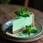 Final presentation of Slytherin Ambitious Mint Mist Cheesecake slice with fresh mint and glaze.