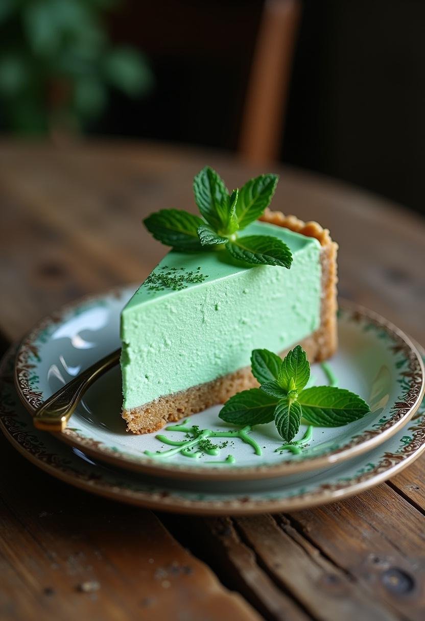 Final presentation of Slytherin Ambitious Mint Mist Cheesecake slice with fresh mint and glaze.