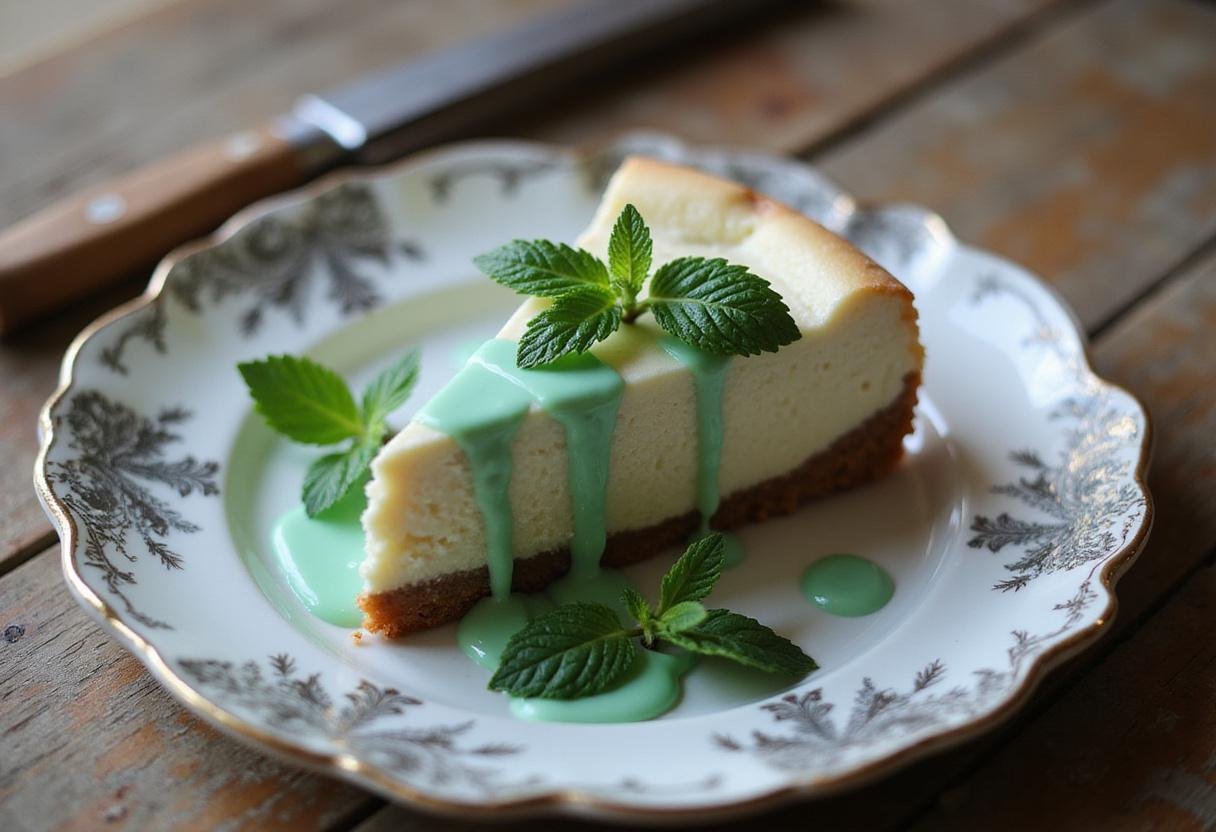 Final presentation of Slytherin Ambitious Mint Mist Cheesecake slice with fresh mint and glaze.
