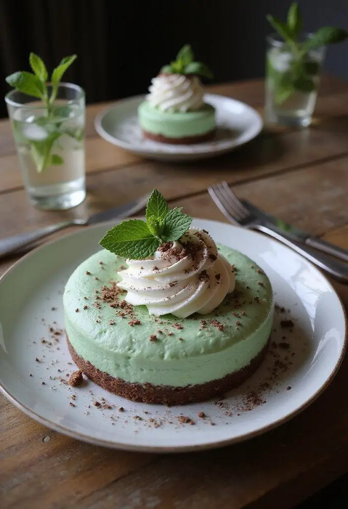 Final presentation of Slytherin Ambitious Mist Mint Cheesecake with whipped cream and chocolate shavings.