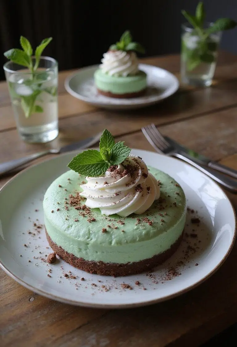 Final presentation of Slytherin Ambitious Mist Mint Cheesecake with whipped cream and chocolate shavings.