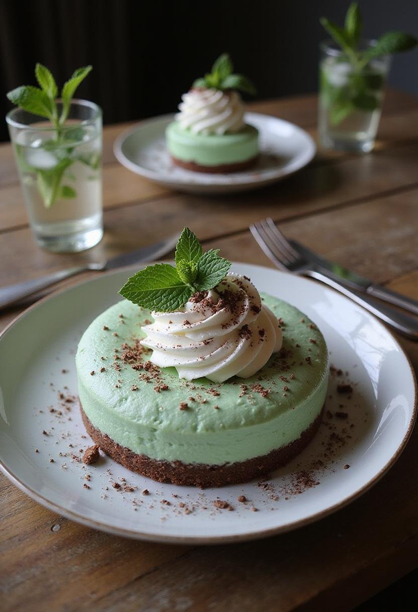 Final presentation of Slytherin Ambitious Mist Mint Cheesecake with whipped cream and chocolate shavings.