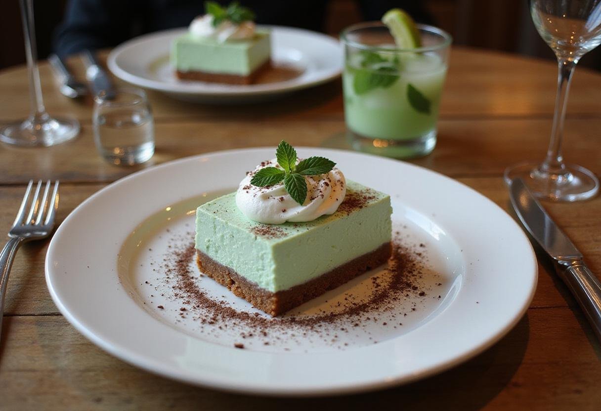 Final presentation of Slytherin Ambitious Mist Mint Cheesecake with whipped cream and chocolate shavings.