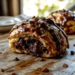 A mouthwatering chocolate croissant breakfast bake in a baking dish topped with powdered sugar and chocolate drizzle, garnished with fresh berries, golden brown edges, inviting and warm presentation, styled casually on a rustic plate