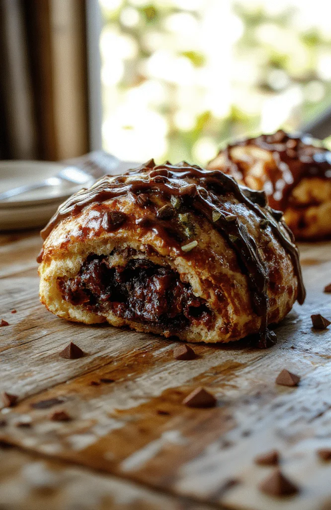 A mouthwatering chocolate croissant breakfast bake in a baking dish topped with powdered sugar and chocolate drizzle, garnished with fresh berries, golden brown edges, inviting and warm presentation, styled casually on a rustic plate