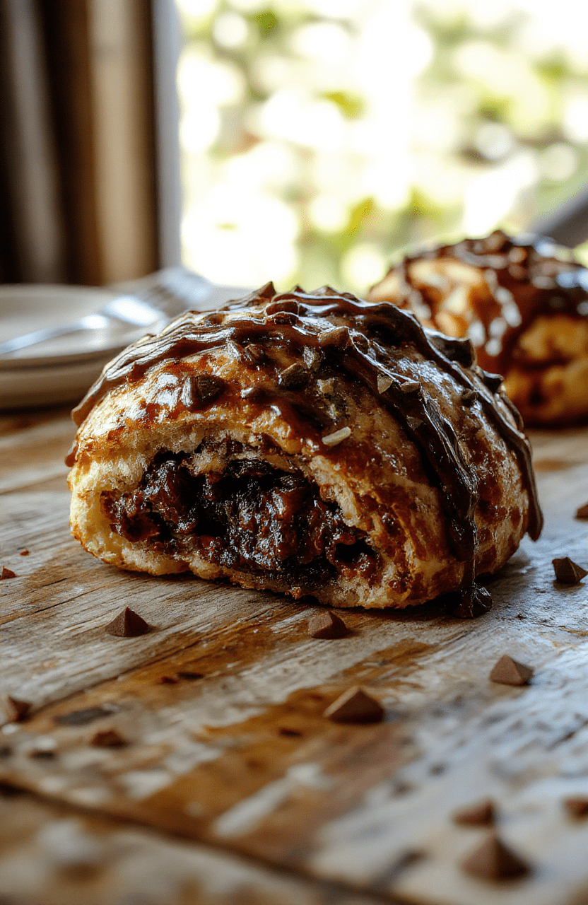 A mouthwatering chocolate croissant breakfast bake in a baking dish topped with powdered sugar and chocolate drizzle, garnished with fresh berries, golden brown edges, inviting and warm presentation, styled casually on a rustic plate
