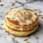 A colorful breakfast casserole featuring fluffy pancakes layered with golden sausage crumbles, melted cheese, and fresh herbs, served in a rustic white dish on a wooden table, with a fork and lively breakfast setting.
