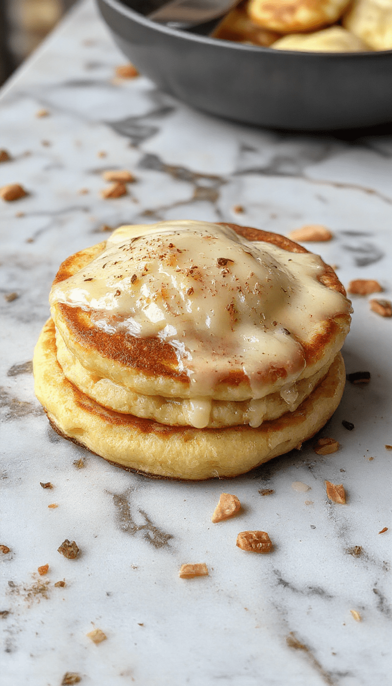 A colorful breakfast casserole featuring fluffy pancakes layered with golden sausage crumbles, melted cheese, and fresh herbs, served in a rustic white dish on a wooden table, with a fork and lively breakfast setting.