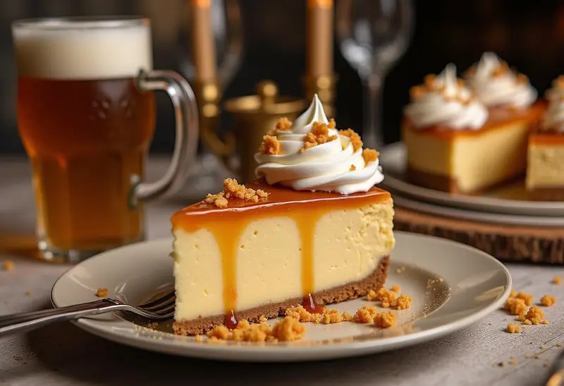 Slice of Enchanted Harry Potter Butterbeer Cheesecake with Brownie Base on a plate, ready to delight.