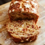 A beautifully sliced festive Christmas bread with golden crust, sprinkled with powdered sugar and cinnamon, displayed on a rustic wooden board with a cozy holiday setting in the background, warm and inviting colors, textured surface showcasing the bread's soft interior