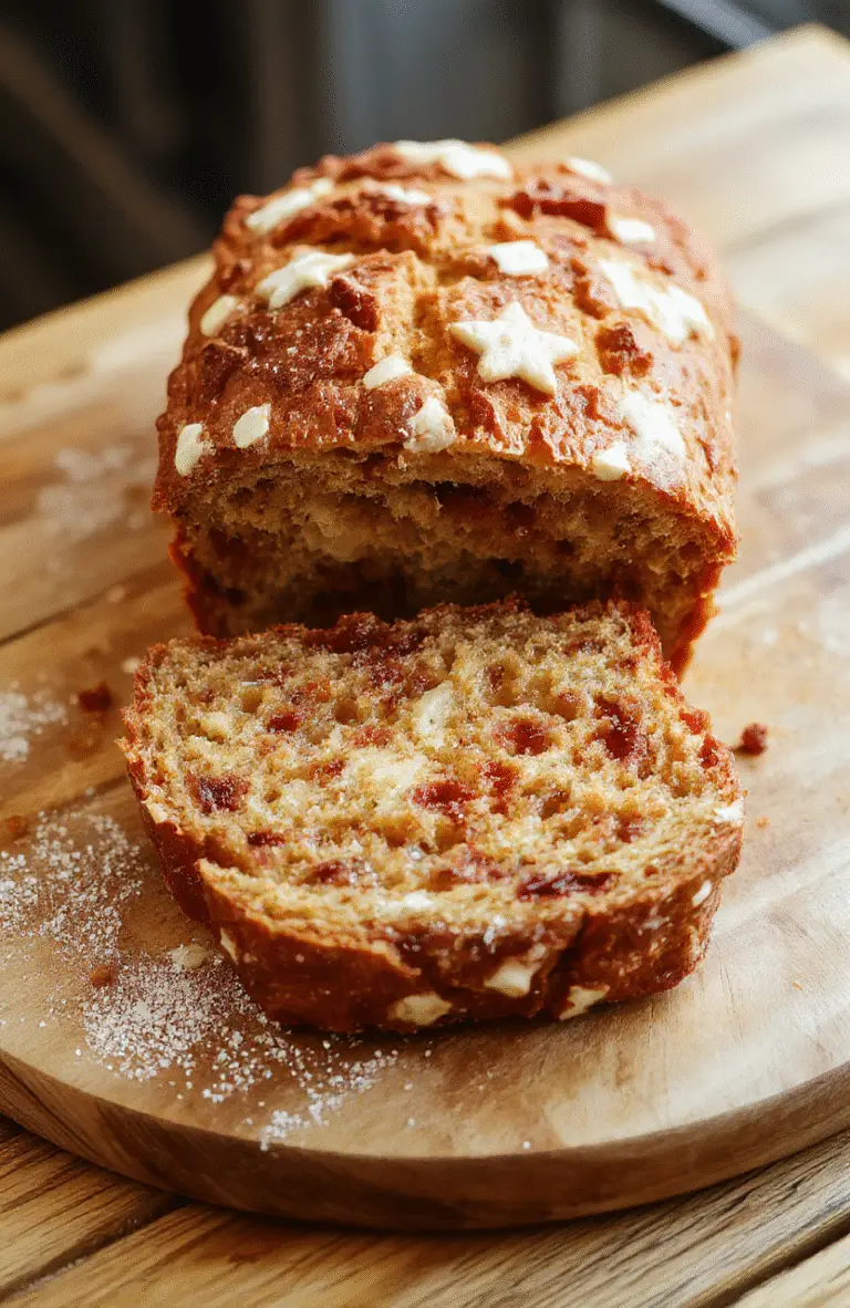 A beautifully sliced festive Christmas bread with golden crust, sprinkled with powdered sugar and cinnamon, displayed on a rustic wooden board with a cozy holiday setting in the background, warm and inviting colors, textured surface showcasing the bread's soft interior