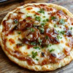 A close-up shot of a golden-brown French Onion Soup Pizza topped with melted cheese, caramelized onions, and fresh herbs, served on a rustic wooden board with a crispy crust and bubbling cheese.