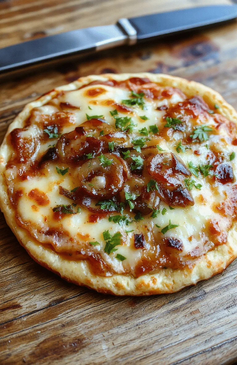 A close-up shot of a golden-brown French Onion Soup Pizza topped with melted cheese, caramelized onions, and fresh herbs, served on a rustic wooden board with a crispy crust and bubbling cheese.