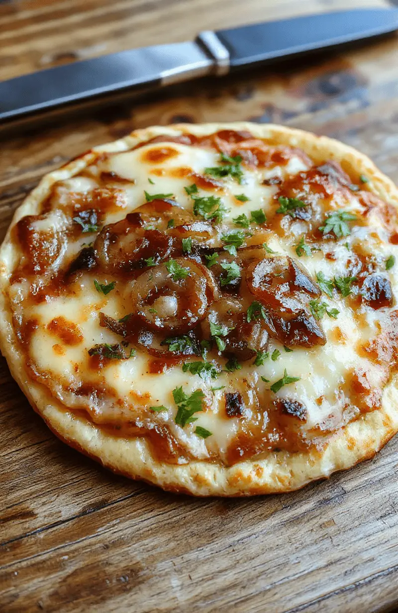 A close-up shot of a golden-brown French Onion Soup Pizza topped with melted cheese, caramelized onions, and fresh herbs, served on a rustic wooden board with a crispy crust and bubbling cheese.