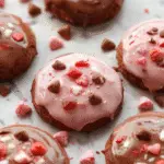Close-up of glossy, rich chocolate ganache oozing from heart-shaped cookies topped with red and pink sprinkles, elegantly plated on a white dish with a blurred pink background.