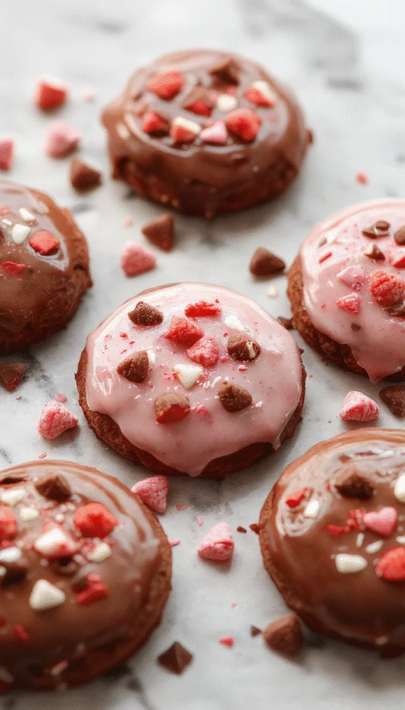 Close-up of glossy, rich chocolate ganache oozing from heart-shaped cookies topped with red and pink sprinkles, elegantly plated on a white dish with a blurred pink background.