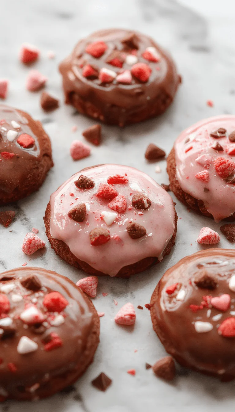 Close-up of glossy, rich chocolate ganache oozing from heart-shaped cookies topped with red and pink sprinkles, elegantly plated on a white dish with a blurred pink background.
