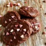 Rich, glossy chocolate ganache filled cookies arranged elegantly on a white plate, with hints of red and pink decorations in the background, showcasing the smooth texture and inviting appearance.