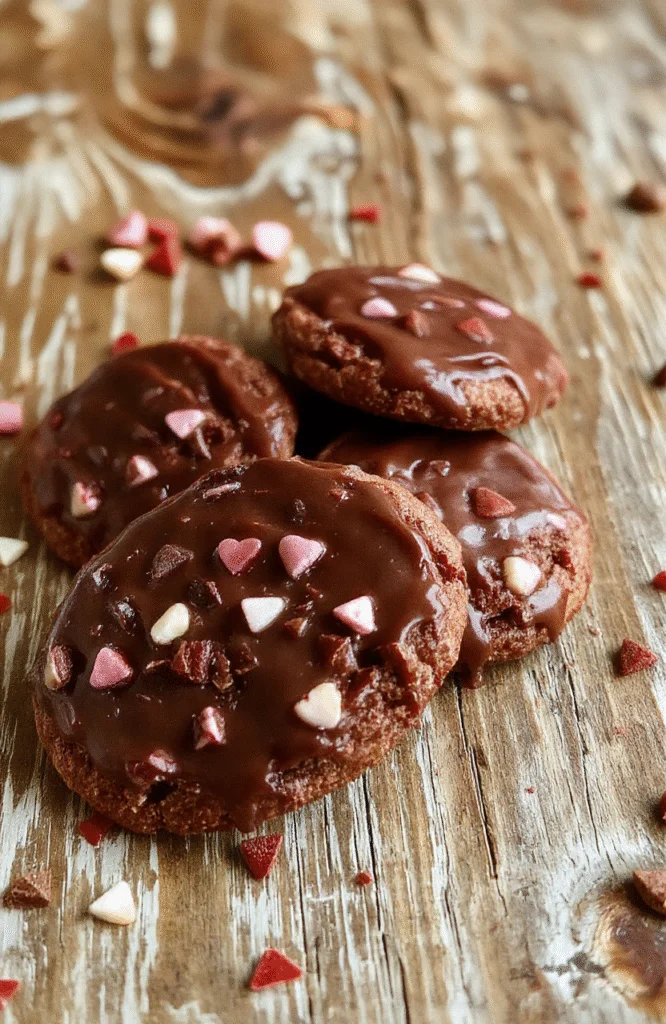 Rich, glossy chocolate ganache filled cookies arranged elegantly on a white plate, with hints of red and pink decorations in the background, showcasing the smooth texture and inviting appearance.