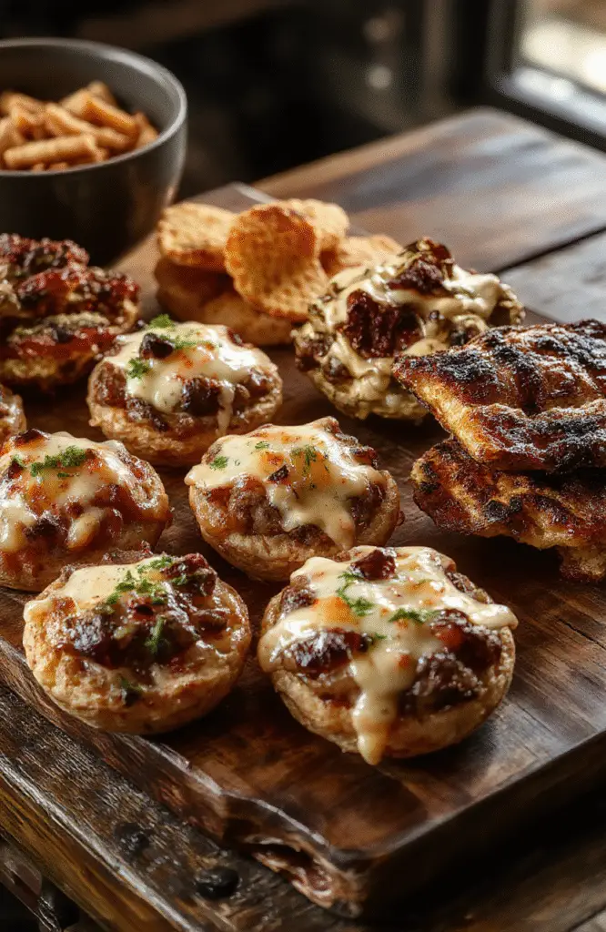 A vibrant display of Halloween-themed movie night snacks arranged on a rustic wooden table with orange and black decorations, featuring creepy cupcakes, ghost-shaped cookies, colorful popcorn, and spooky dips, all styled with fun Halloween accessories and soft ambient lighting.