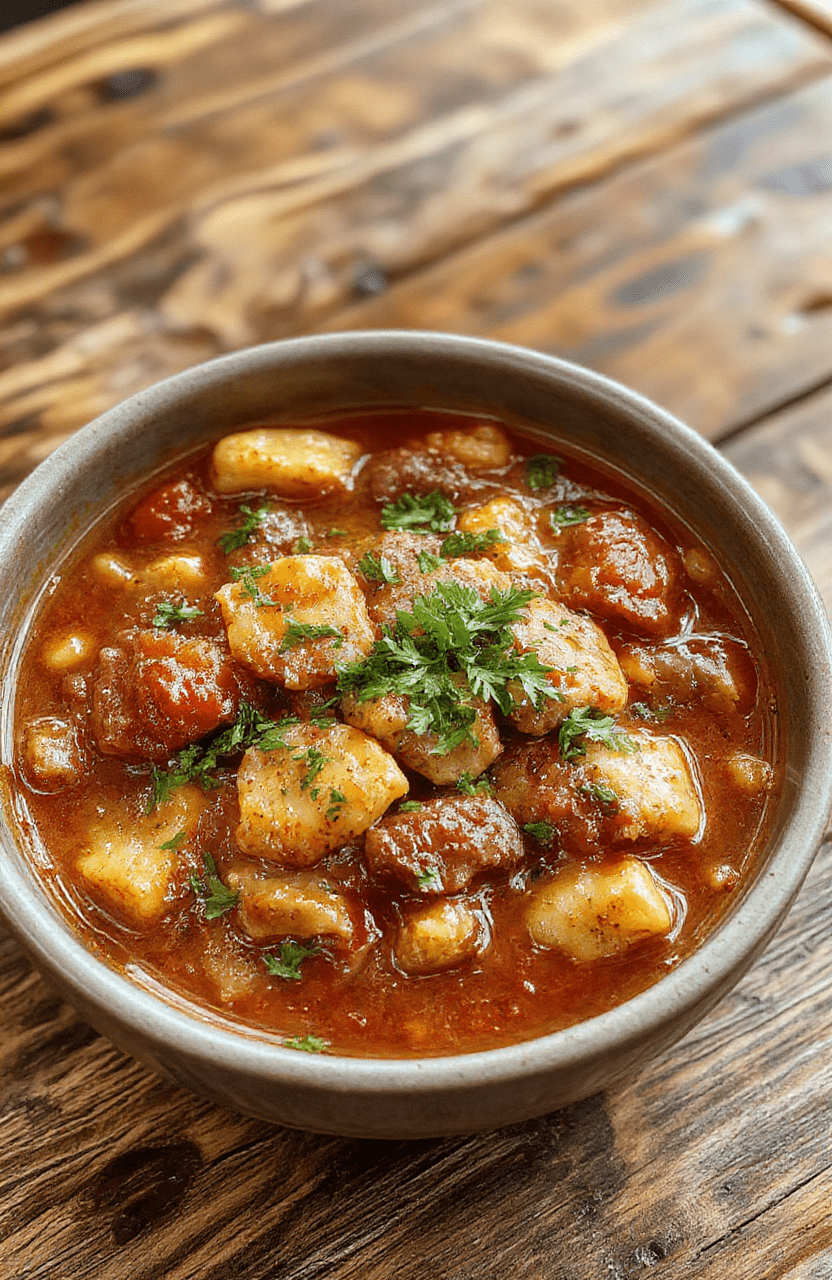 A steaming bowl of rich, deep red German goulash topped with fresh herbs, surrounded by slices of rustic bread on a wooden table, with visible chunks of beef, potatoes, and vegetables, textured sauce, styled for a cozy, inviting presentation.