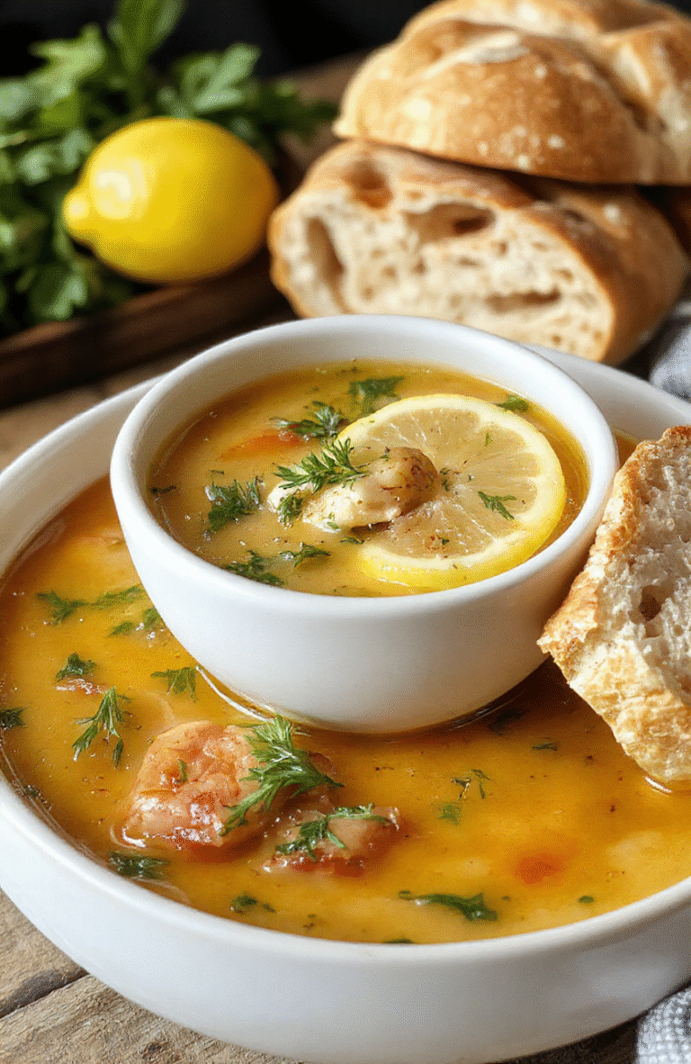 A steaming bowl of Greek lemon chicken soup featuring tender shredded chicken, vibrant lemon slices, fresh herbs sprinkled on top, served in a rustic white bowl with a lemon wedge on the side, garnished with chopped parsley, accompanied by crusty bread on a wooden table, with a backdrop of a cozy kitchen setting.