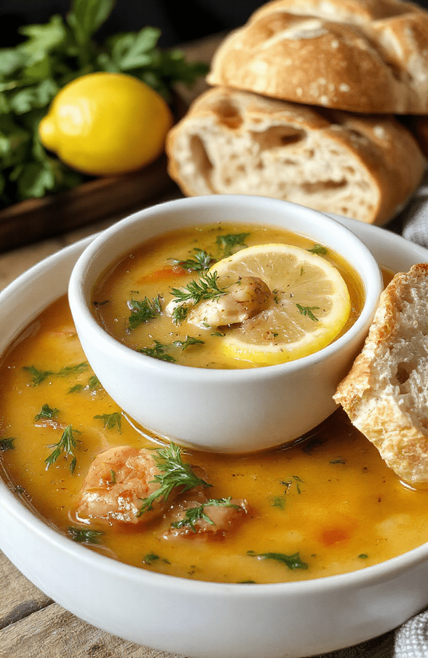 A steaming bowl of Greek lemon chicken soup featuring tender shredded chicken, vibrant lemon slices, fresh herbs sprinkled on top, served in a rustic white bowl with a lemon wedge on the side, garnished with chopped parsley, accompanied by crusty bread on a wooden table, with a backdrop of a cozy kitchen setting.
