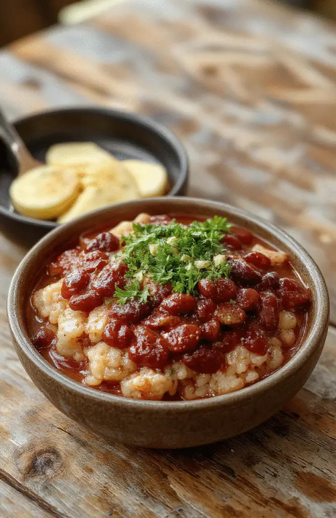 A vibrant plate of authentic Louisiana red beans and rice featuring hearty red beans in a rich sauce, served over fluffy white rice, garnished with chopped green onions and sprinkled with spices, styled on a rustic wooden table with colorful sides.