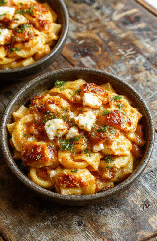 A vibrant plate of baked feta veggie pasta featuring golden-brown baked feta cheese atop a colorful mix of cherry tomatoes, zucchini, and bell peppers. The pasta is garnished with fresh basil, drizzled with olive oil, and presented on a rustic wooden table with a fork twirling some pasta, highlighting textures of melted feta, roasted vegetables, and al dente noodles.