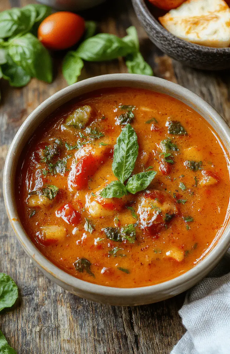 A vibrant bowl of roasted tomato basil soup garnished with fresh basil leaves, served with crusty bread on a rustic wooden table, colorful and creamy textures visible.