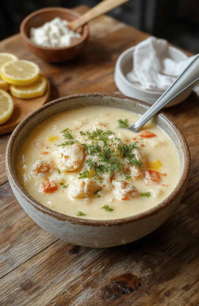 A vibrant bowl of lemon chicken orzo soup featuring tender shredded chicken, orzo pasta, fresh lemon slices, and chopped herbs, with a golden broth, presented on a rustic wooden surface styled casually with a sprig of thyme for garnish.