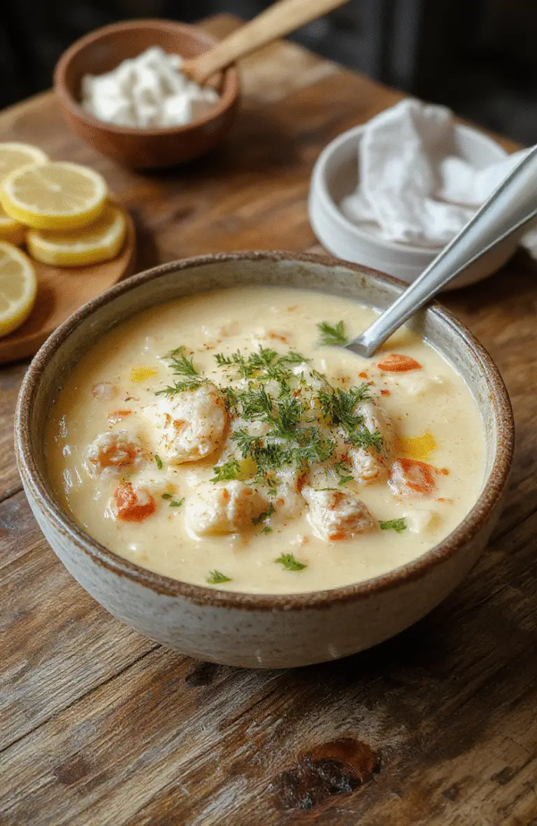 A vibrant bowl of lemon chicken orzo soup featuring tender shredded chicken, orzo pasta, fresh lemon slices, and chopped herbs, with a golden broth, presented on a rustic wooden surface styled casually with a sprig of thyme for garnish.