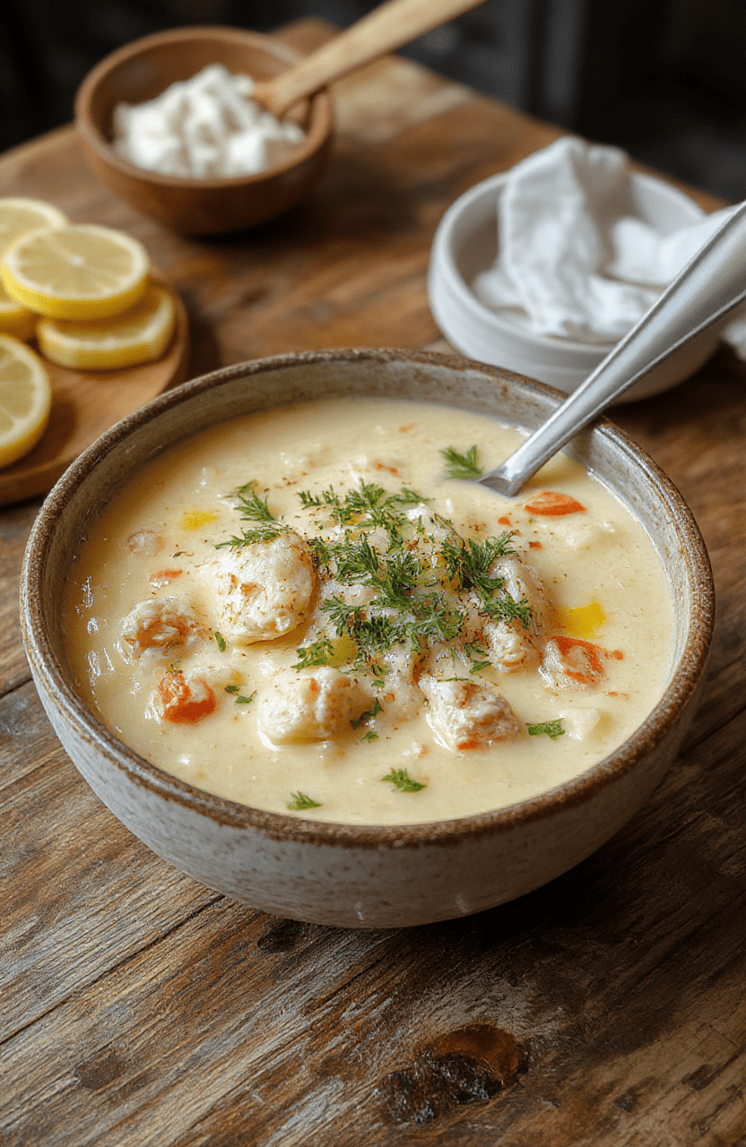 A vibrant bowl of lemon chicken orzo soup featuring tender shredded chicken, orzo pasta, fresh lemon slices, and chopped herbs, with a golden broth, presented on a rustic wooden surface styled casually with a sprig of thyme for garnish.