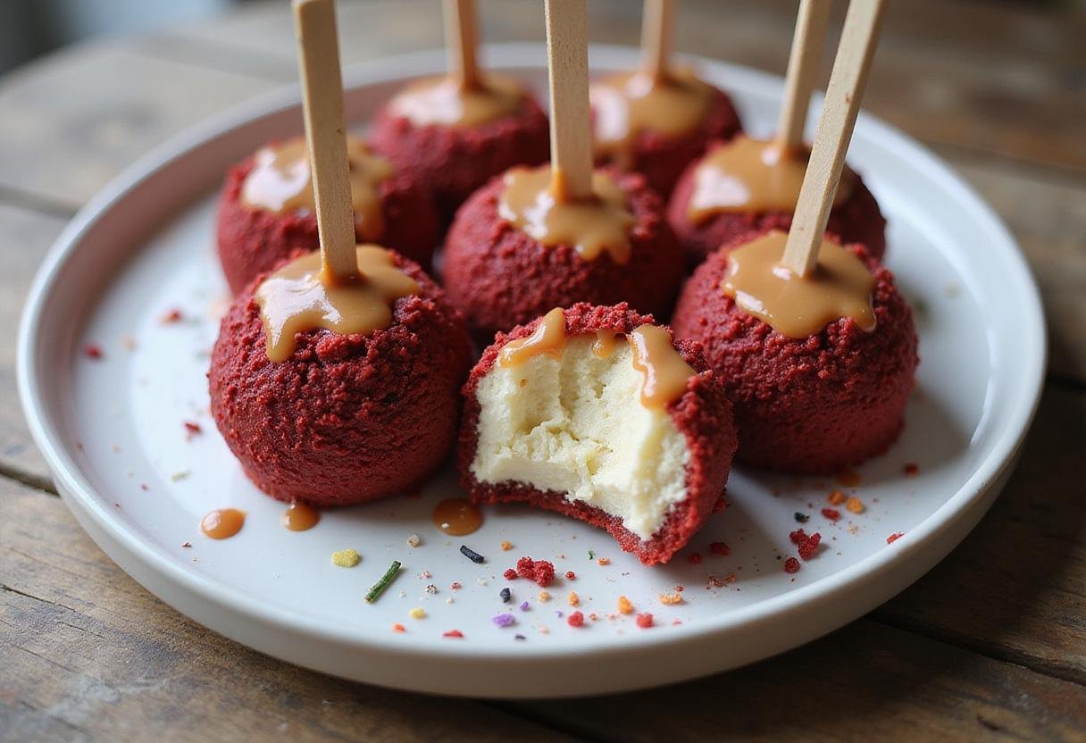 Delicious Caramel Cheesecake Pops with Red Velvet Crumble served elegantly, showcasing a perfect dessert.