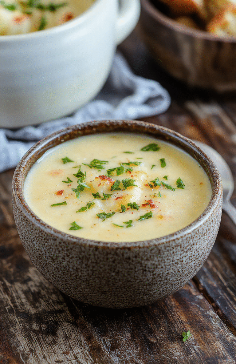 A creamy bowl of cheesy, loaded potato soup topped with green herbs and shredded cheddar cheese, served with rustic bread slices on a wooden table, showcasing the rich textures and vibrant colors of the ingredients.