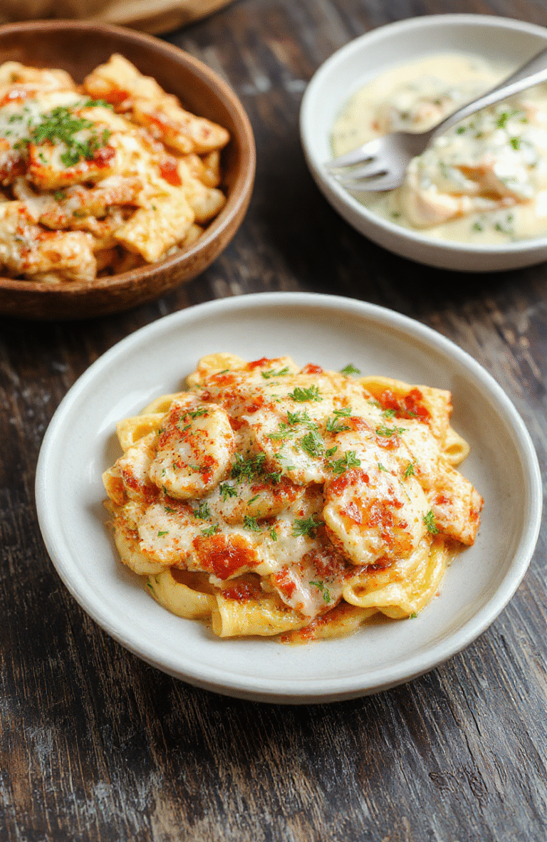 A vibrant bowl of cheesy, creamy Parmesan chicken pasta featuring golden-brown chicken pieces, al dente pasta coated in rich cheese sauce, garnished with fresh parsley and grated Parmesan, styled beautifully on a rustic wooden table with a sprinkle of herbs.