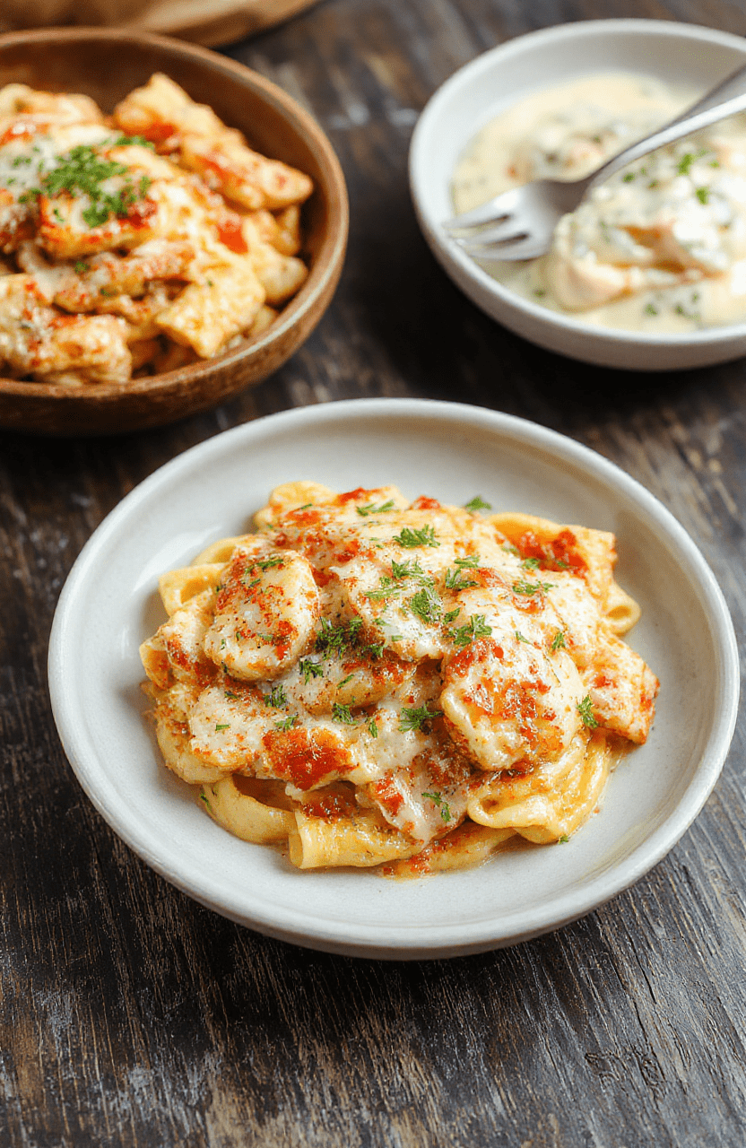 A vibrant bowl of cheesy, creamy Parmesan chicken pasta featuring golden-brown chicken pieces, al dente pasta coated in rich cheese sauce, garnished with fresh parsley and grated Parmesan, styled beautifully on a rustic wooden table with a sprinkle of herbs.